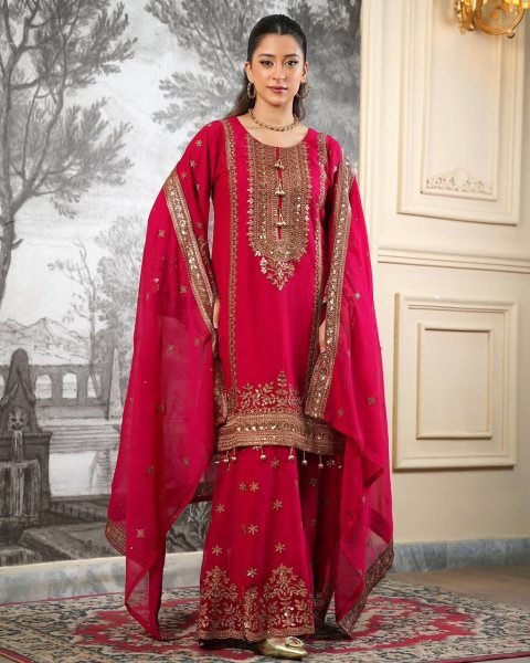 Traditional Red Hand-Embroidered Silk Sharara Suit for Weddings And Festivals  Ready To Wear Collection