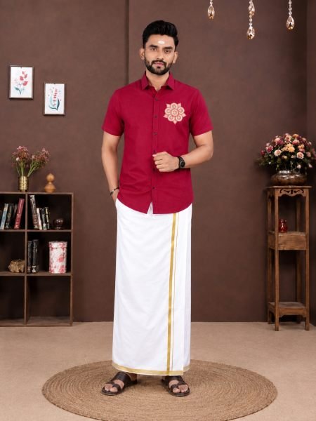 Traditional Red Men Cotton Printed Shirt and Dhoti Set at Manufacturer Rate 
