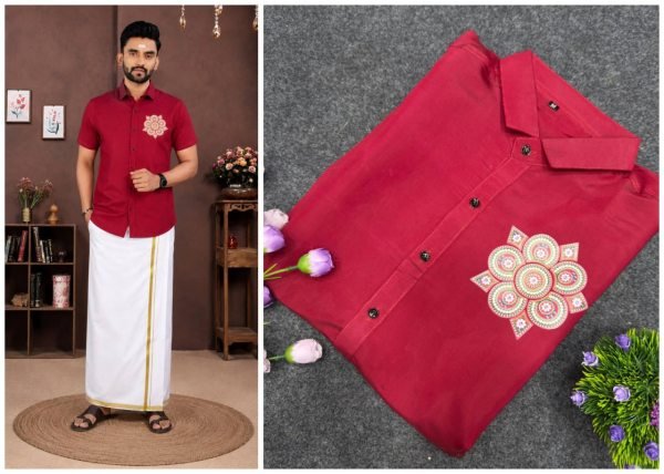 Traditional Red Men Cotton Printed Shirt and Dhoti Set at Manufacturer Rate Mens Shirt