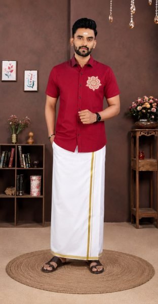 Traditional Red Men Cotton Printed Shirt and Dhoti Set at Manufacturer Rate Mens Shirt