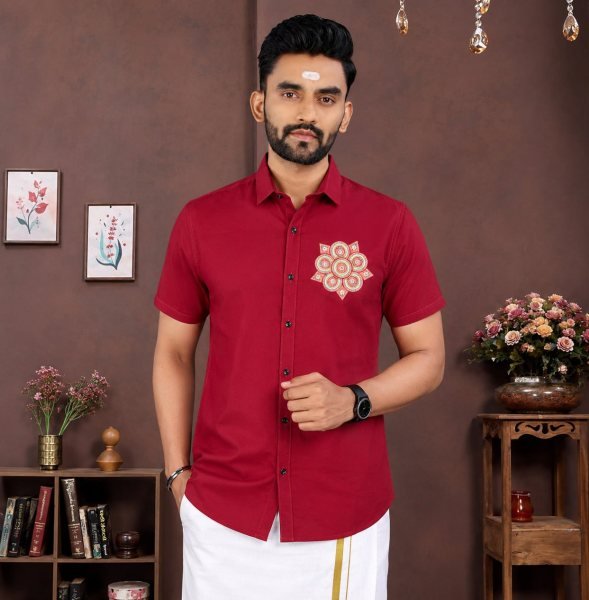 Traditional Red Men Cotton Printed Shirt and Dhoti Set at Manufacturer Rate Mens Shirt