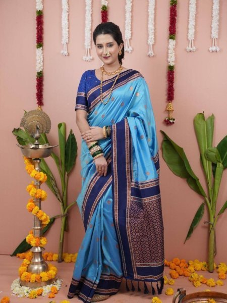 Traditional Sky Blue Soft Silk Saree with Zari Weaving and Contrast Pallu South Indian Saree 