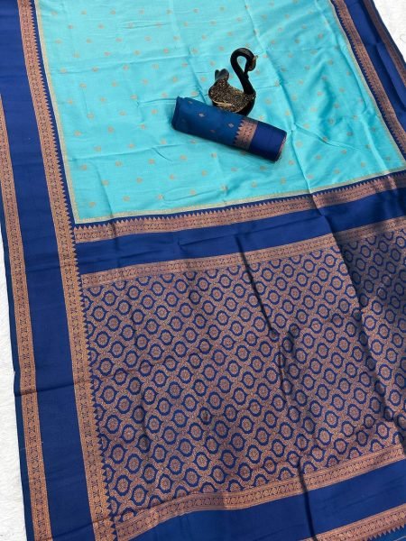 Traditional Sky Blue Soft Silk Saree with Zari Weaving and Contrast Pallu South Indian Saree 