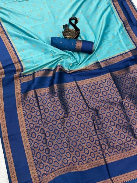 Traditional Sky Blue Soft Silk Saree with Zari Weaving and Contrast Pallu South Indian Saree 