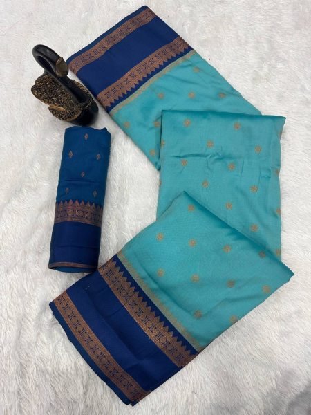 Traditional Sky Blue Soft Silk Saree with Zari Weaving and Contrast Pallu South Indian Saree 
