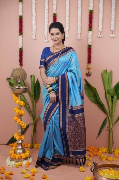 Traditional Sky Blue Soft Silk Saree with Zari Weaving and Contrast Pallu South Indian Saree 