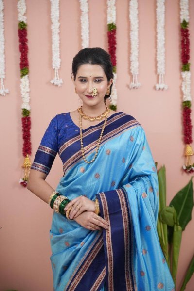 Traditional Sky Blue Soft Silk Saree with Zari Weaving and Contrast Pallu South Indian Saree 
