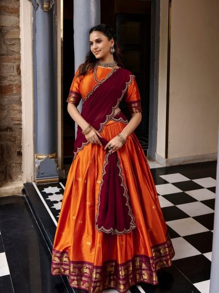 Traditional South Indian Orange Cotton Silk Lehenga Choli with Zari Work 