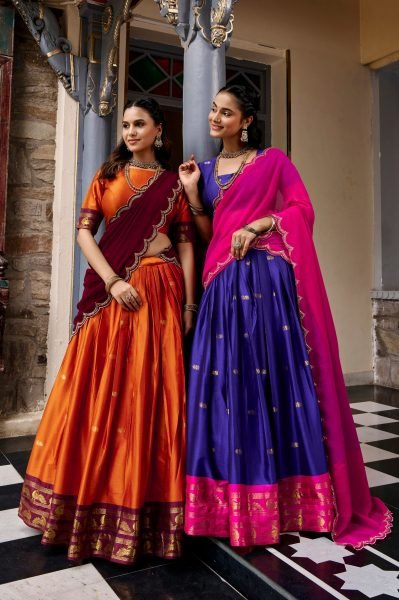 Traditional South Indian Orange Cotton Silk Lehenga Choli with Zari Work Half Saree Lehenga