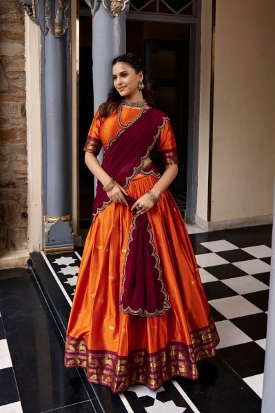 Traditional South Indian Orange Cotton Silk Lehenga Choli with Zari Work Half Saree Lehenga