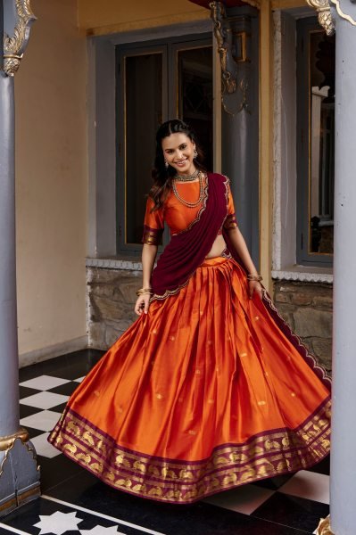Traditional South Indian Orange Cotton Silk Lehenga Choli with Zari Work Half Saree Lehenga
