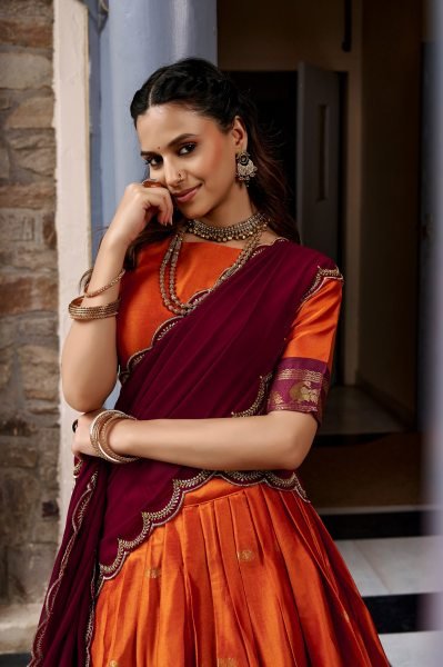 Traditional South Indian Orange Cotton Silk Lehenga Choli with Zari Work Half Saree Lehenga