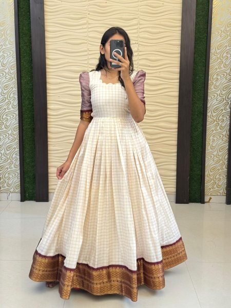 Traditional South Special Cotton Silk Floor Length Gown with Jacquard Border for Wedding Wear Kurtis