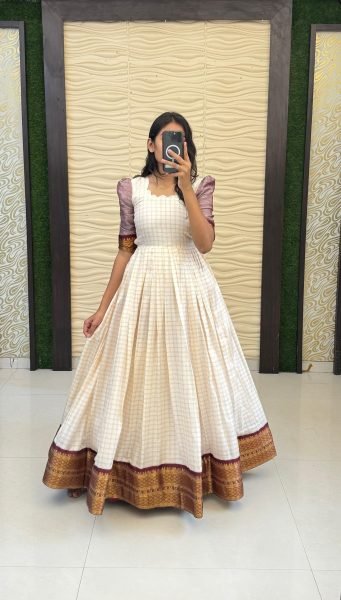 Traditional South Special Cotton Silk Floor Length Gown with Jacquard Border for Wedding Wear Anarkali Kurtis 