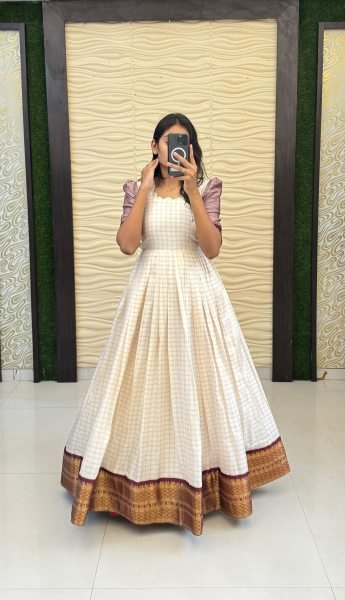 Traditional South Special Cotton Silk Floor Length Gown with Jacquard Border for Wedding Wear Anarkali Kurtis 