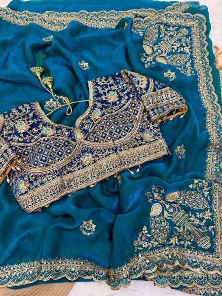 Traditional Teal Blue Space Satin Designer Saree with Embroidered Stitched Blouse Embroidery Sarees Wholesale