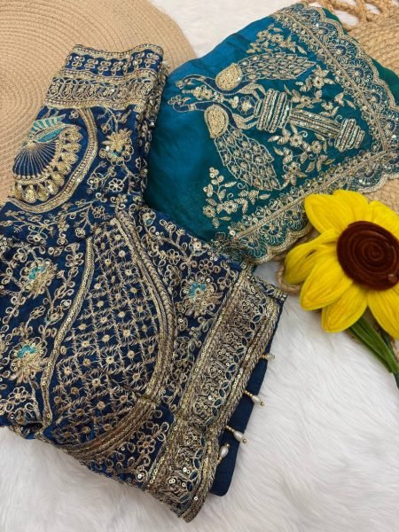 Traditional Teal Blue Space Satin Designer Saree with Embroidered Stitched Blouse Embroidery Sarees Wholesale