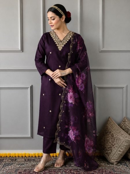 Traditional Vichitra Silk Kurti Pant Dupatta Set For Womens Comfortable  All-Day Wear Embroidery Kurtis 