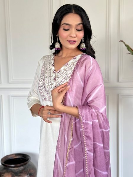 Traditional White Chanderi Embroidery work with Leryu Print Dupatta  3 Piece Kurti Set