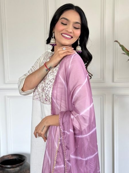 Traditional White Chanderi Embroidery work with Leryu Print Dupatta  3 Piece Kurti Set