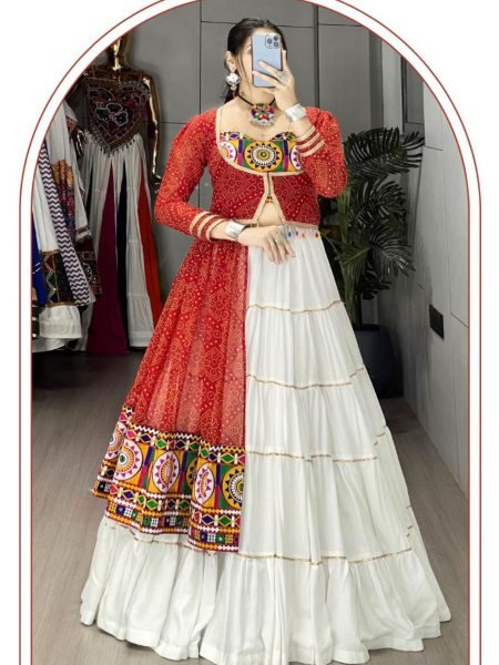 White Rayon Navratri Lehenga with Red Bandhani Jacket and Mirror Work  Lehenga