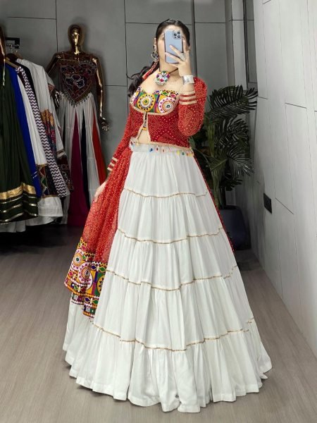 White Rayon Navratri Lehenga with Red Bandhani Jacket and Mirror Work Navratri Lehnega Choli