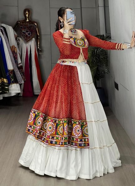 White Rayon Navratri Lehenga with Red Bandhani Jacket and Mirror Work Navratri Lehnega Choli