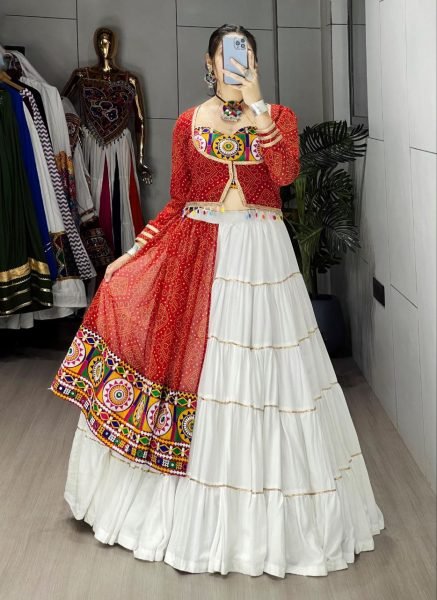 White Rayon Navratri Lehenga with Red Bandhani Jacket and Mirror Work Navratri Lehnega Choli