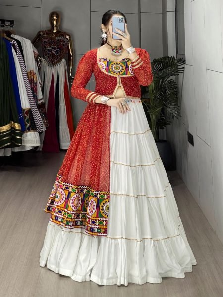 White Rayon Navratri Lehenga with Red Bandhani Jacket and Mirror Work Navratri Lehnega Choli