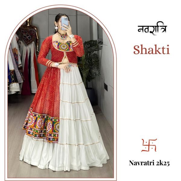White Rayon Navratri Lehenga with Red Bandhani Jacket and Mirror Work Navratri Lehnega Choli