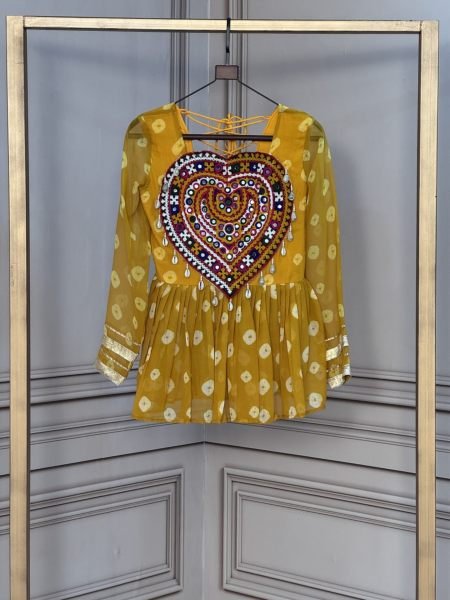 Traditional Yellow Bandhani Print Top with Gamthi Patchwork for Women Kurtis
