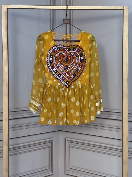 Traditional Yellow Bandhani Print Top with Gamthi Patchwork for Women Tunics kurti