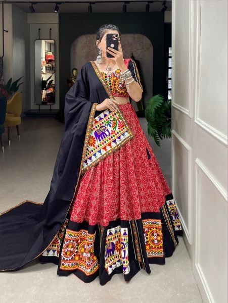 Traditonal Red Gamthi Work Cotton Navratri Wear Lehenga Choli 