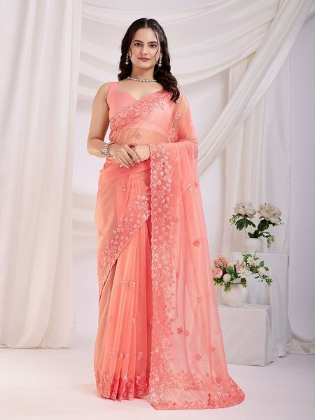 Tranding Embroidery Gold Twill Net Cutwork Designer Light Orange Saree   