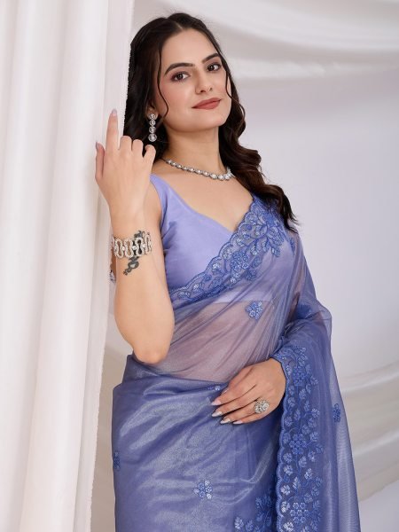 Tranding Embroidery Gold Twill Net Saree With Embroidery Blouse Piece For Party Wedding Festival Embroidery Sarees Wholesale