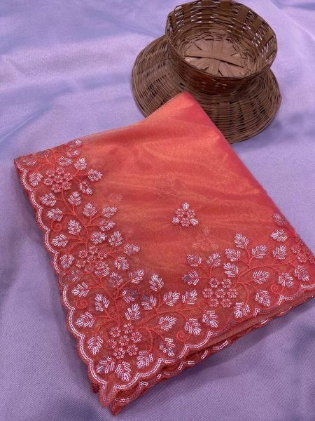 Tranding Embroidery Gold Twill Net Cutwork Designer Light Orange Saree   Embroidery Sarees Wholesale