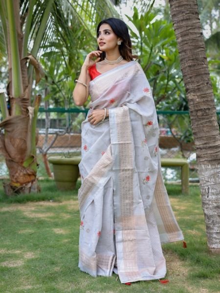 Tranding Original Linen Cotton With Zari   Embroidery All Over Saree Linen Sarees Wholesale