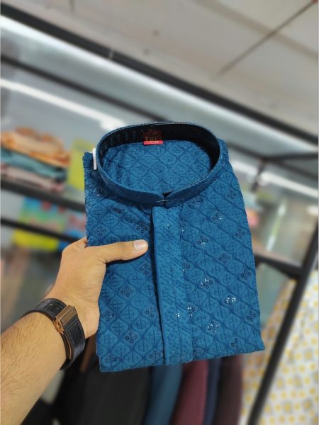 Tranditional Look Blue Color  Chikan Embroidery Work Mens Kurta Pajama  Mens Wear