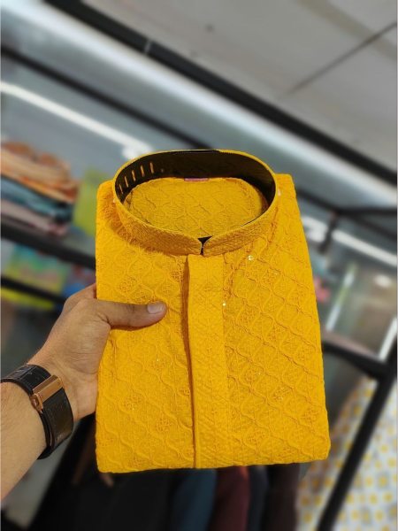 Tranditional Look Yellow Color  Chikan Embroidery Work Mens Kurta Pajama  