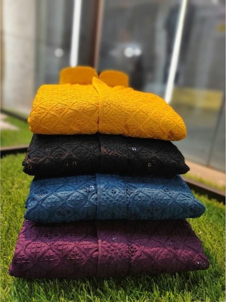 Tranditional Look Yellow Color  Chikan Embroidery Work Mens Kurta Pajama  Kurta Pajama Wholesale