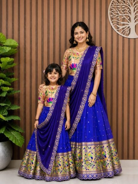 Transformative Blue Festival Wear Kids Paithani Silk Lehenga Choli with Full Flair Design Mom-Doughter Collection