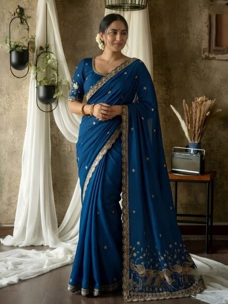 Transformative Blue Rangoli Silk Saree with Heavy Embroidered Mono Banglori Blouse 