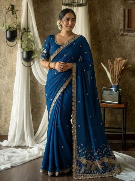 Transformative Blue Rangoli Silk Saree with Heavy Embroidered Mono Banglori Blouse Silk Sarees Wholesale