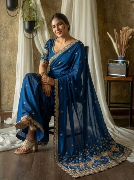 Transformative Blue Rangoli Silk Saree with Heavy Embroidered Mono Banglori Blouse Silk Sarees Wholesale