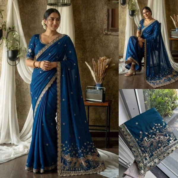 Transformative Blue Rangoli Silk Saree with Heavy Embroidered Mono Banglori Blouse Silk Sarees Wholesale
