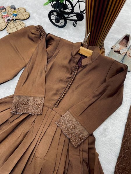 Transformative Brown Designer Girls Ethnic Wear Set with Fancy Moti Hand Work for Festivals Girls Wear