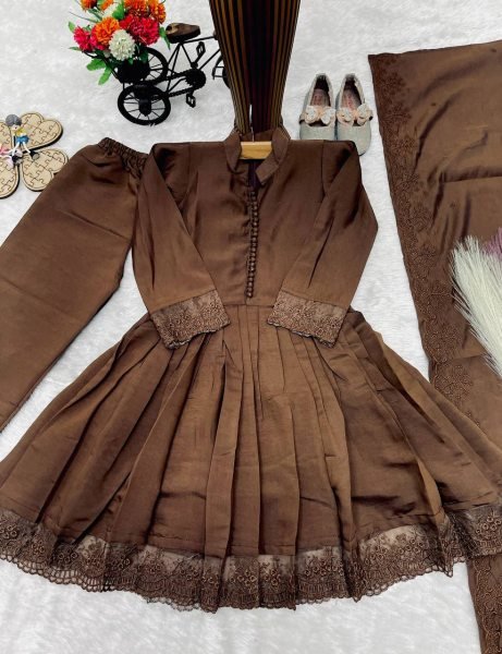Transformative Brown Designer Girls Ethnic Wear Set with Fancy Moti Hand Work for Festivals Girls Wear