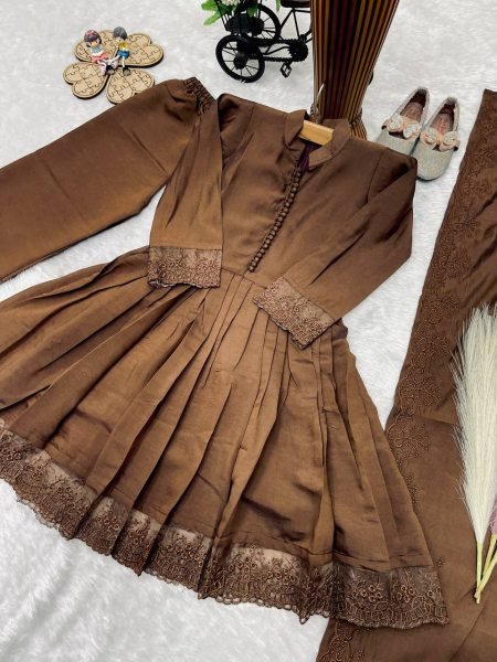 Transformative Brown Designer Girls Ethnic Wear Set with Fancy Moti Hand Work for Festivals Girls Wear