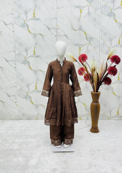 Transformative Brown Designer Girls Ethnic Wear Set with Fancy Moti Hand Work for Festivals Girls Wear