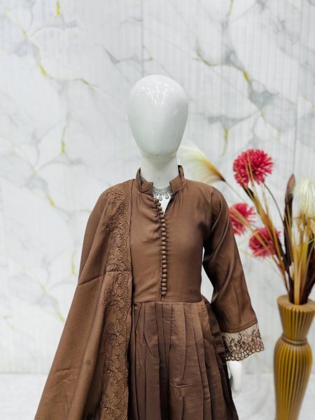 Transformative Brown Designer Girls Ethnic Wear Set with Fancy Moti Hand Work for Festivals Girls Wear